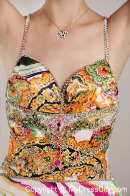 Beautiful Empire Straps Colorful Printed Beaded Prom Dress