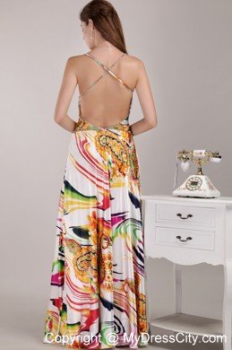 Beautiful Empire Straps Colorful Printed Beaded Prom Dress