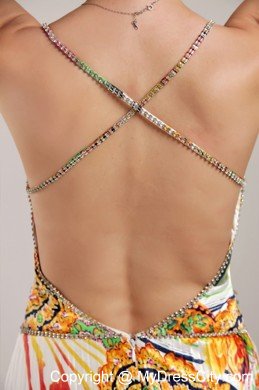 Beautiful Empire Straps Colorful Printed Beaded Prom Dress