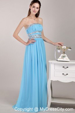 Aqua Blue Empire Strapless Floor-length Beaded Prom Dress