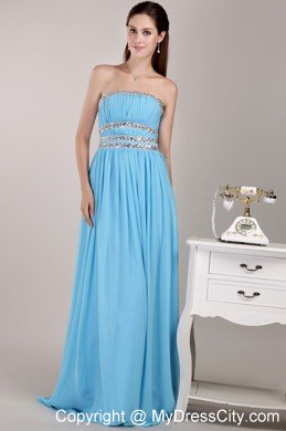 Aqua Blue Empire Strapless Floor-length Beaded Prom Dress