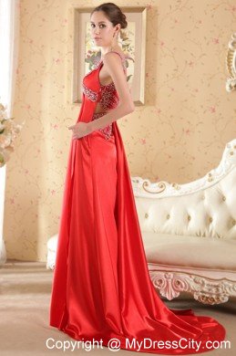 Gorgeous Red V-neck Brush Train Beaded Prom Dress with Backless
