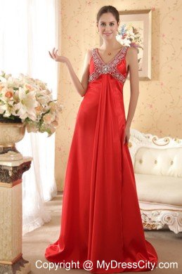 Gorgeous Red V-neck Brush Train Beaded Prom Dress with Backless