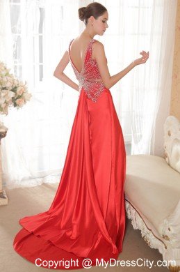 Gorgeous Red V-neck Brush Train Beaded Prom Dress with Backless