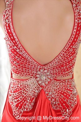 Gorgeous Red V-neck Brush Train Beaded Prom Dress with Backless