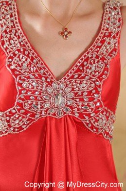 Gorgeous Red V-neck Brush Train Beaded Prom Dress with Backless