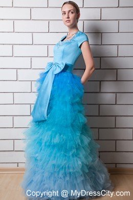 Aqua Blue Beaded Square Neck Prom Dress with Bow and Ruffles