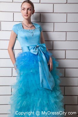 Aqua Blue Beaded Square Neck Prom Dress with Bow and Ruffles