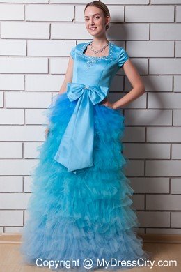 Aqua Blue Beaded Square Neck Prom Dress with Bow and Ruffles