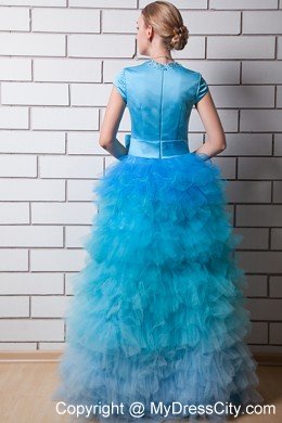 Aqua Blue Beaded Square Neck Prom Dress with Bow and Ruffles