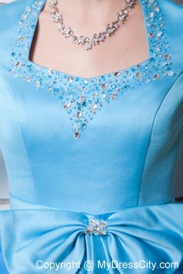 Aqua Blue Beaded Square Neck Prom Dress with Bow and Ruffles