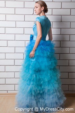 Aqua Blue Beaded Square Neck Prom Dress with Bow and Ruffles