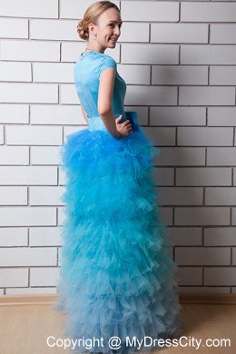 Aqua Blue Beaded Square Neck Prom Dress with Bow and Ruffles