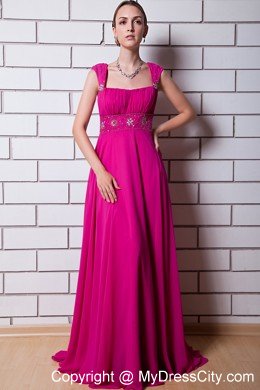 Beaded Chiffon Empire Straps Floor-length Hot Pink Prom Dress