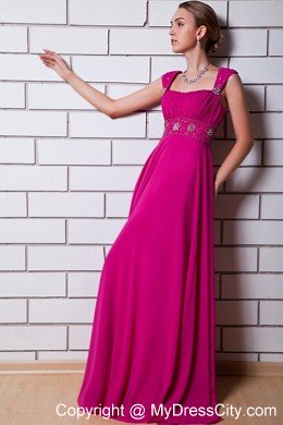 Beaded Chiffon Empire Straps Floor-length Hot Pink Prom Dress