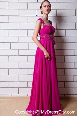 Beaded Chiffon Empire Straps Floor-length Hot Pink Prom Dress