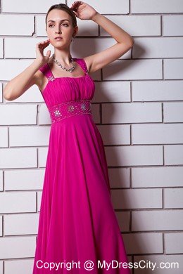 Beaded Chiffon Empire Straps Floor-length Hot Pink Prom Dress