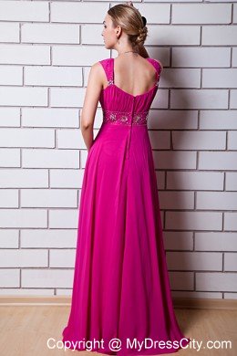 Beaded Chiffon Empire Straps Floor-length Hot Pink Prom Dress
