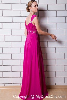 Beaded Chiffon Empire Straps Floor-length Hot Pink Prom Dress