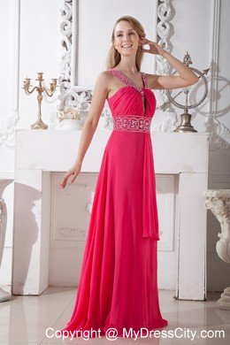 Affordable Brush Train Coral Red V-neck Chiffon Prom Dress