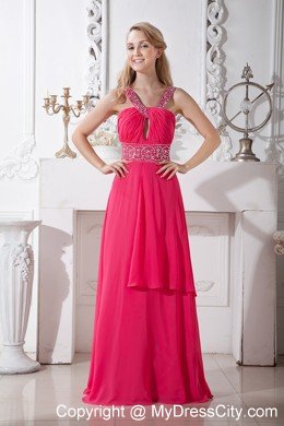 Affordable Brush Train Coral Red V-neck Chiffon Prom Dress
