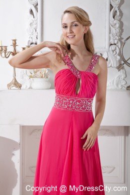 Affordable Brush Train Coral Red V-neck Chiffon Prom Dress