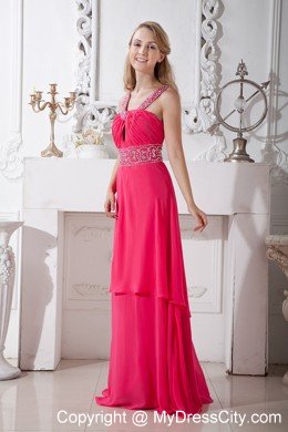 Affordable Brush Train Coral Red V-neck Chiffon Prom Dress