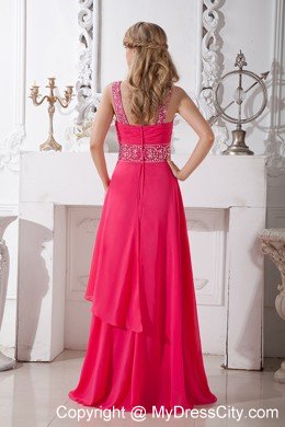 Affordable Brush Train Coral Red V-neck Chiffon Prom Dress