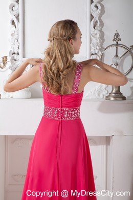 Affordable Brush Train Coral Red V-neck Chiffon Prom Dress