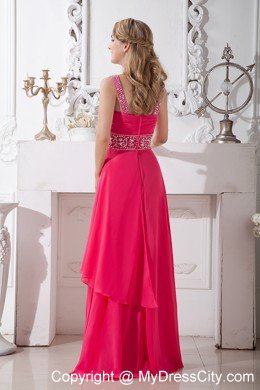 Affordable Brush Train Coral Red V-neck Chiffon Prom Dress