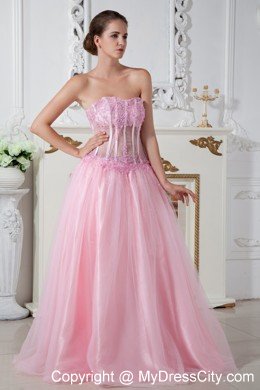 Baby Pink Column Strapless Appliques Brush Train Prom Dress
