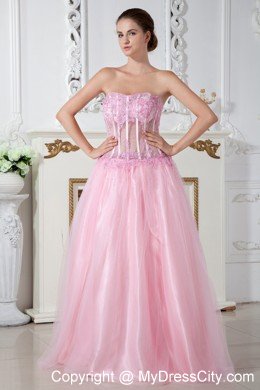 Baby Pink Column Strapless Appliques Brush Train Prom Dress