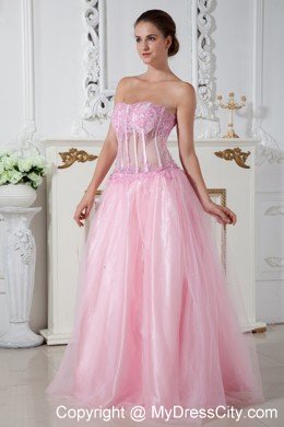 Baby Pink Column Strapless Appliques Brush Train Prom Dress