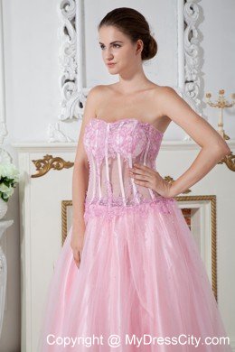 Baby Pink Column Strapless Appliques Brush Train Prom Dress