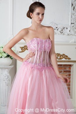 Baby Pink Column Strapless Appliques Brush Train Prom Dress