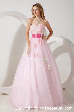 Baby Pink Tulle Appliques Floor-length A-line Dress for Prom