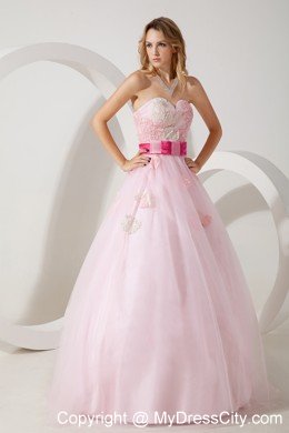 Baby Pink Tulle Appliques Floor-length A-line Dress for Prom