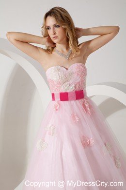 Baby Pink Tulle Appliques Floor-length A-line Dress for Prom