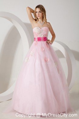 Baby Pink Tulle Appliques Floor-length A-line Dress for Prom