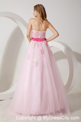 Baby Pink Tulle Appliques Floor-length A-line Dress for Prom
