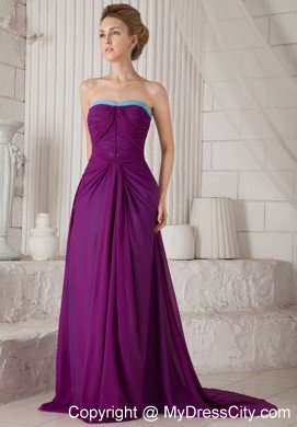 Purple Empire Strapless Chiffon Prom Dress with Brush Train