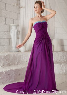 Purple Empire Strapless Chiffon Prom Dress with Brush Train
