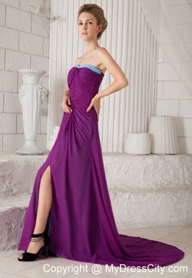 Purple Empire Strapless Chiffon Prom Dress with Brush Train