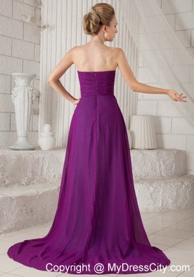 Purple Empire Strapless Chiffon Prom Dress with Brush Train