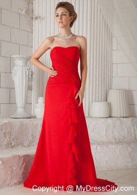 Red A-Line Strapless Court Train Chiffon Ruched Prom Dress
