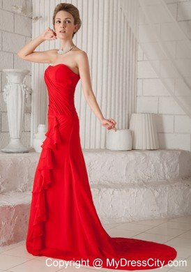 Red A-Line Strapless Court Train Chiffon Ruched Prom Dress