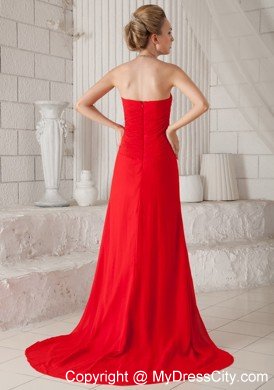 Red A-Line Strapless Court Train Chiffon Ruched Prom Dress