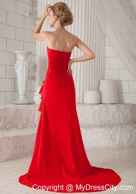Red A-Line Strapless Court Train Chiffon Ruched Prom Dress