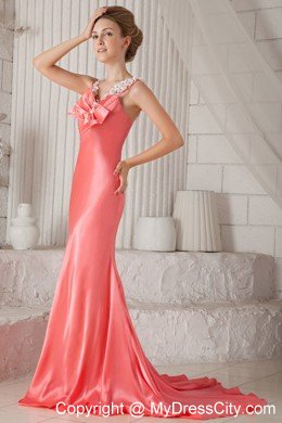 Watermelon Column Flower Straps Brush Train Beaded Prom Dress
