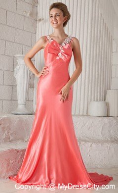 Watermelon Column Flower Straps Brush Train Beaded Prom Dress